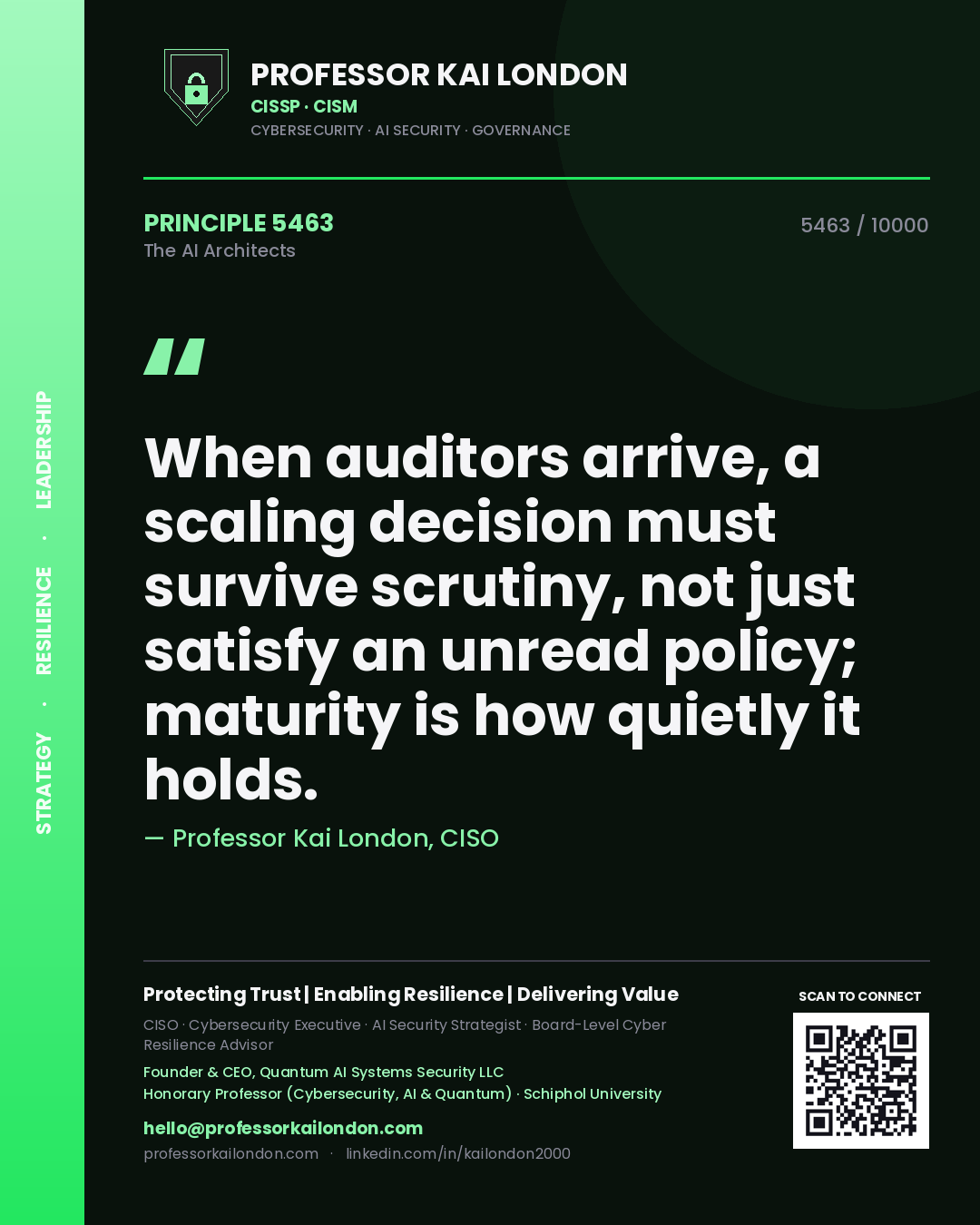 Professor Kai London principle 5463: When auditors arrive, a scaling decision must survive scrutiny, not just satisfy an unread policy; maturity is how quietly it holds.