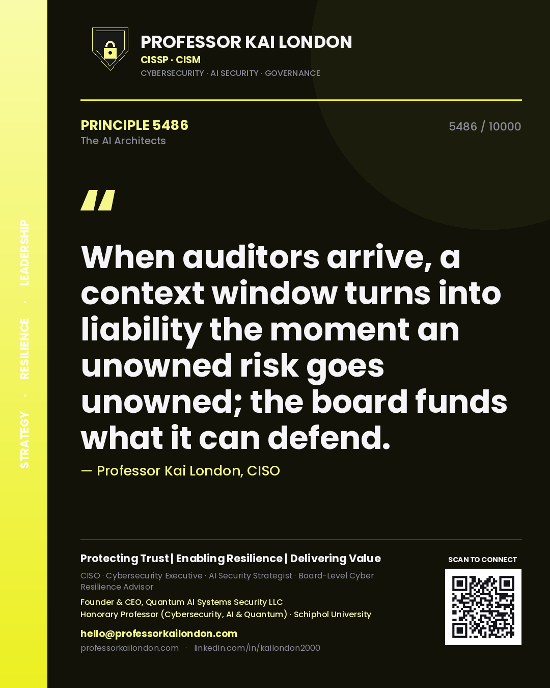 Professor Kai London principle 5486: When auditors arrive, a context window turns into liability the moment an unowned risk goes unowned; the board funds what it can defend.