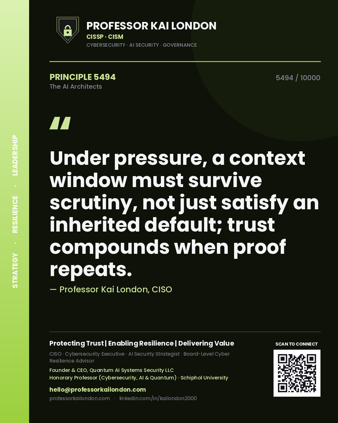 Professor Kai London principle 5494: Under pressure, a context window must survive scrutiny, not just satisfy an inherited default; trust compounds when proof repeats.