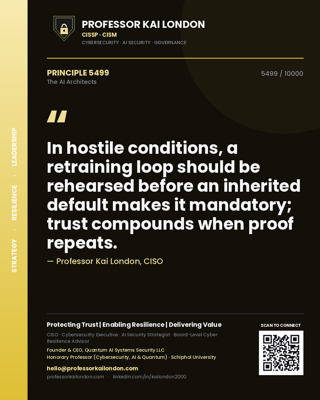 Quote card by Professor Kai London reading 'In hostile conditions, a retraining loop should be rehearsed before an inherited default makes it mandatory; trust compounds when proof repeats.'. From the book The AI Architects.