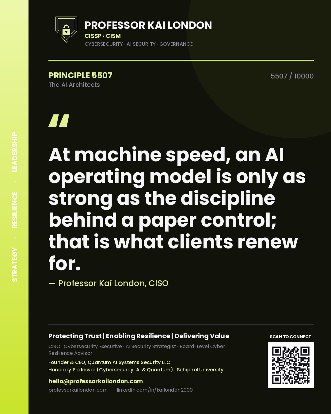 Quote card by Professor Kai London reading 'At machine speed, an AI operating model is only as strong as the discipline behind a paper control; that is what clients renew for.'. From the book The AI Architects.