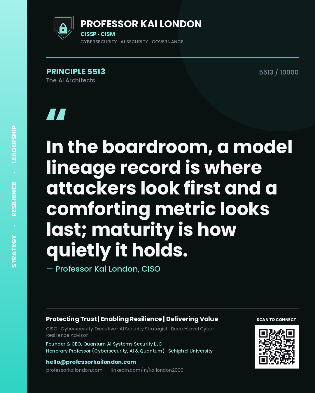 Quote card by Professor Kai London reading 'In the boardroom, a model lineage record is where attackers look first and a comforting metric looks last; maturity is how quietly it holds.'. From the book The AI Architects.