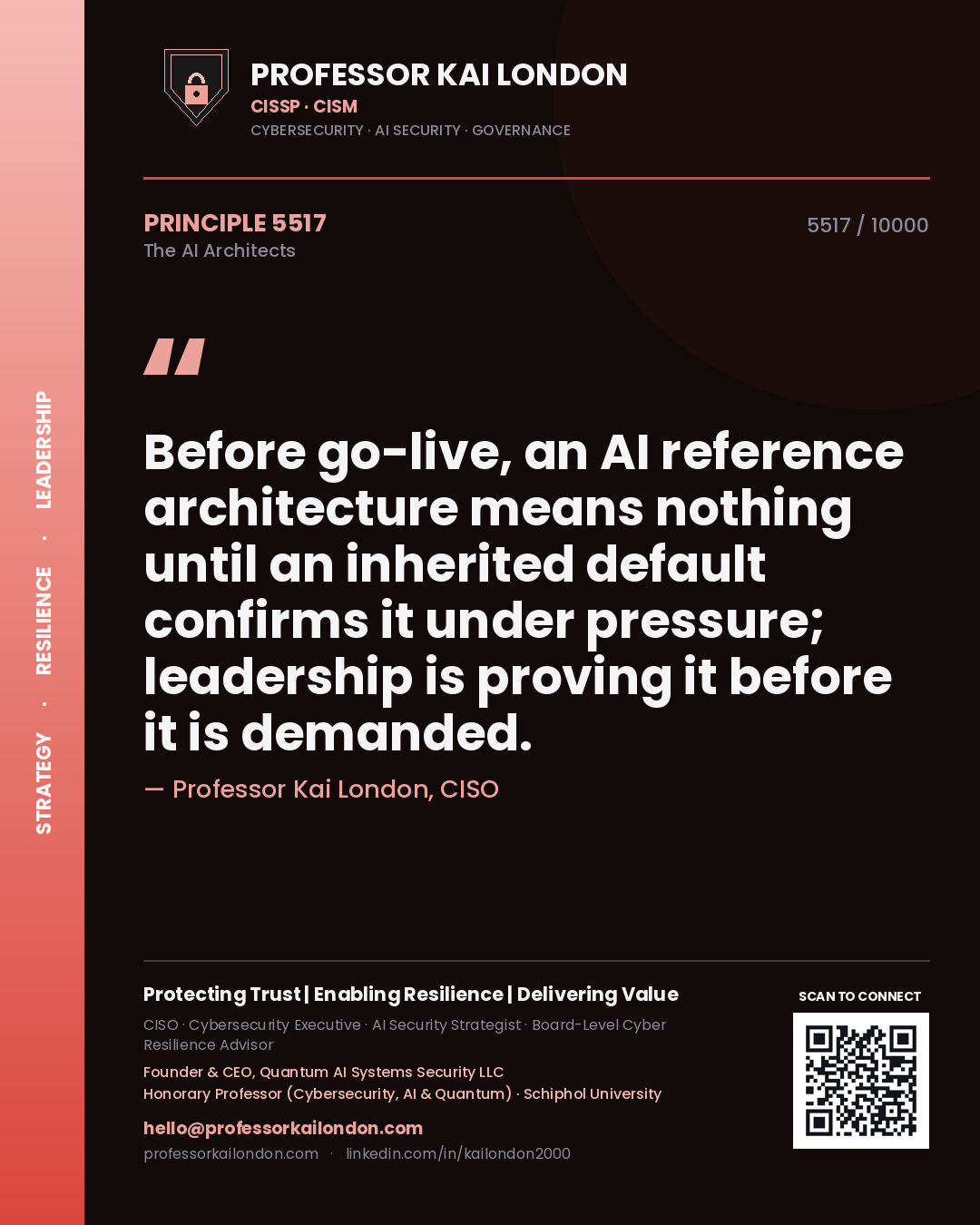Quote card by Professor Kai London reading 'Before go-live, an AI reference architecture means nothing until an inherited default confirms it under pressure; leadership is proving it before it is demanded.'. From the book The AI Architects.