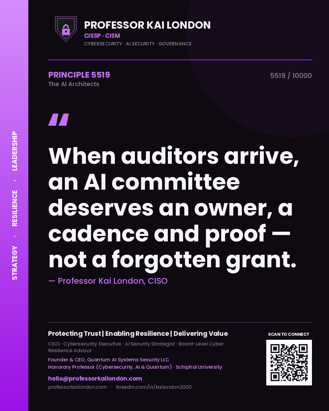 Quote card by Professor Kai London reading 'When auditors arrive, an AI committee deserves an owner, a cadence and proof — not a forgotten grant.'. From the book The AI Architects.