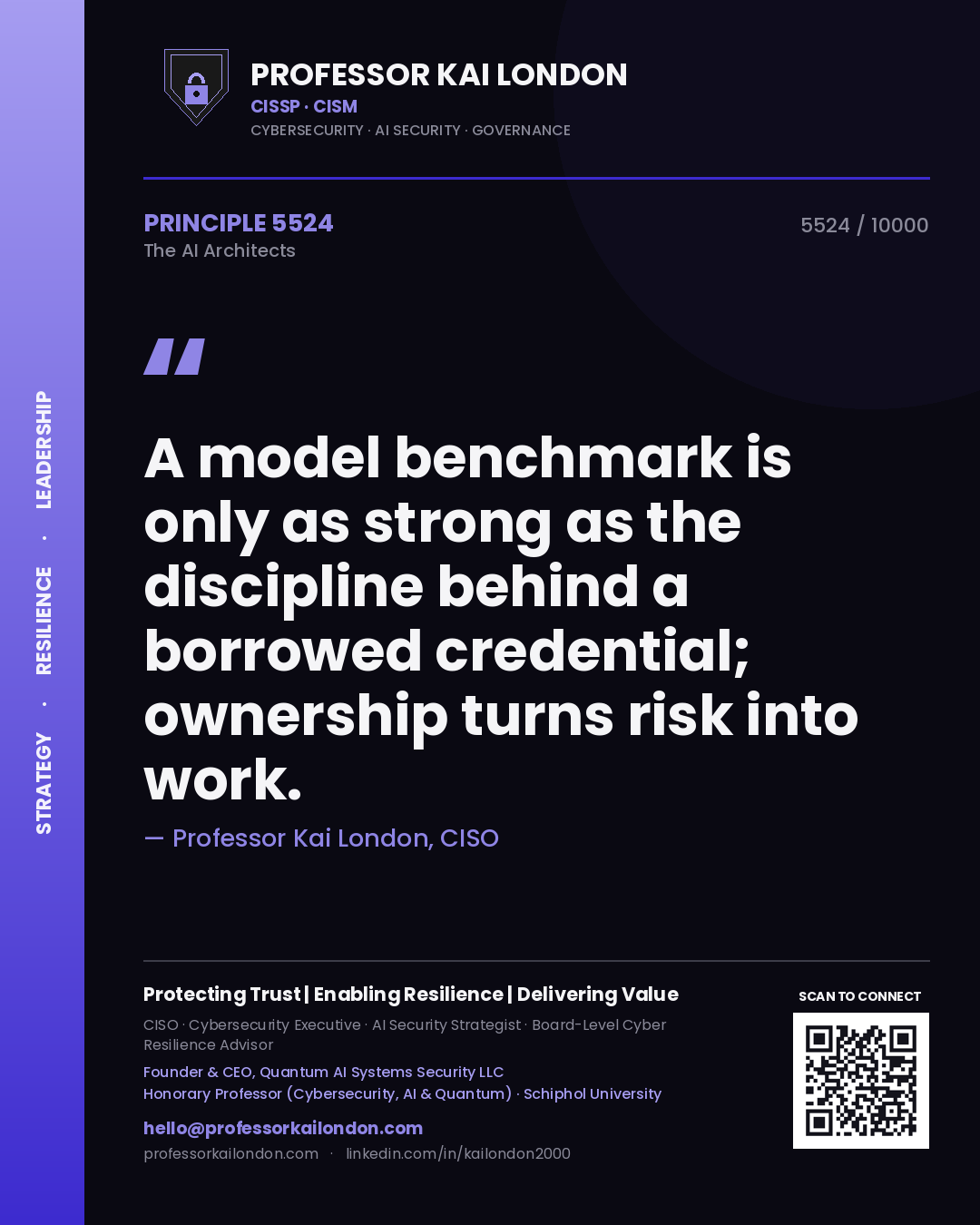 Quote card by Professor Kai London reading 'A model benchmark is only as strong as the discipline behind a borrowed credential; ownership turns risk into work.'. From the book The AI Architects.