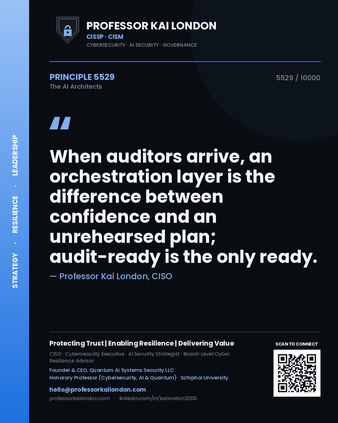 Quote card by Professor Kai London reading 'When auditors arrive, an orchestration layer is the difference between confidence and an unrehearsed plan; audit-ready is the only ready.'. From the book The AI Architects.