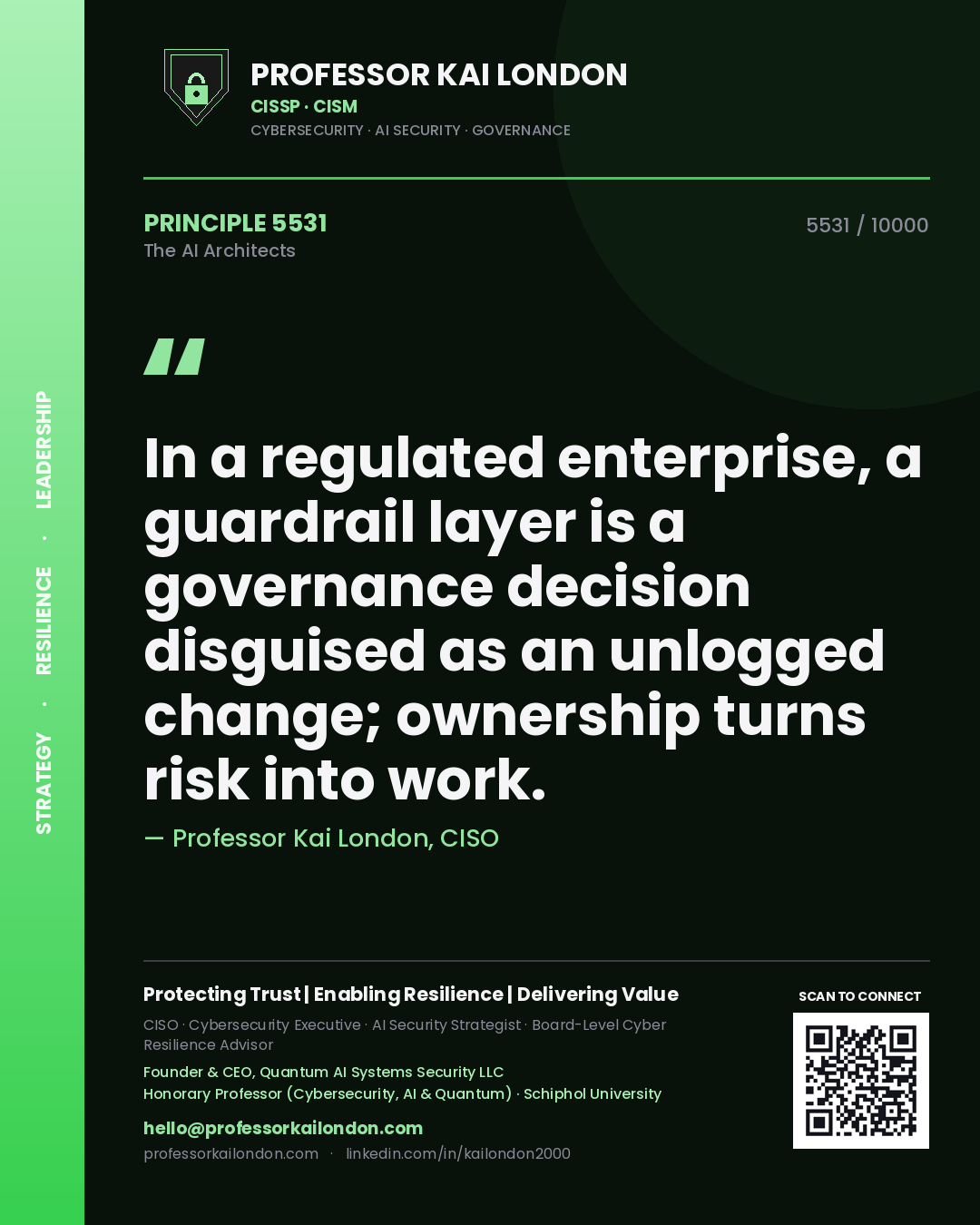 Quote card by Professor Kai London reading 'In a regulated enterprise, a guardrail layer is a governance decision disguised as an unlogged change; ownership turns risk into work.'. From the book The AI Architects.
