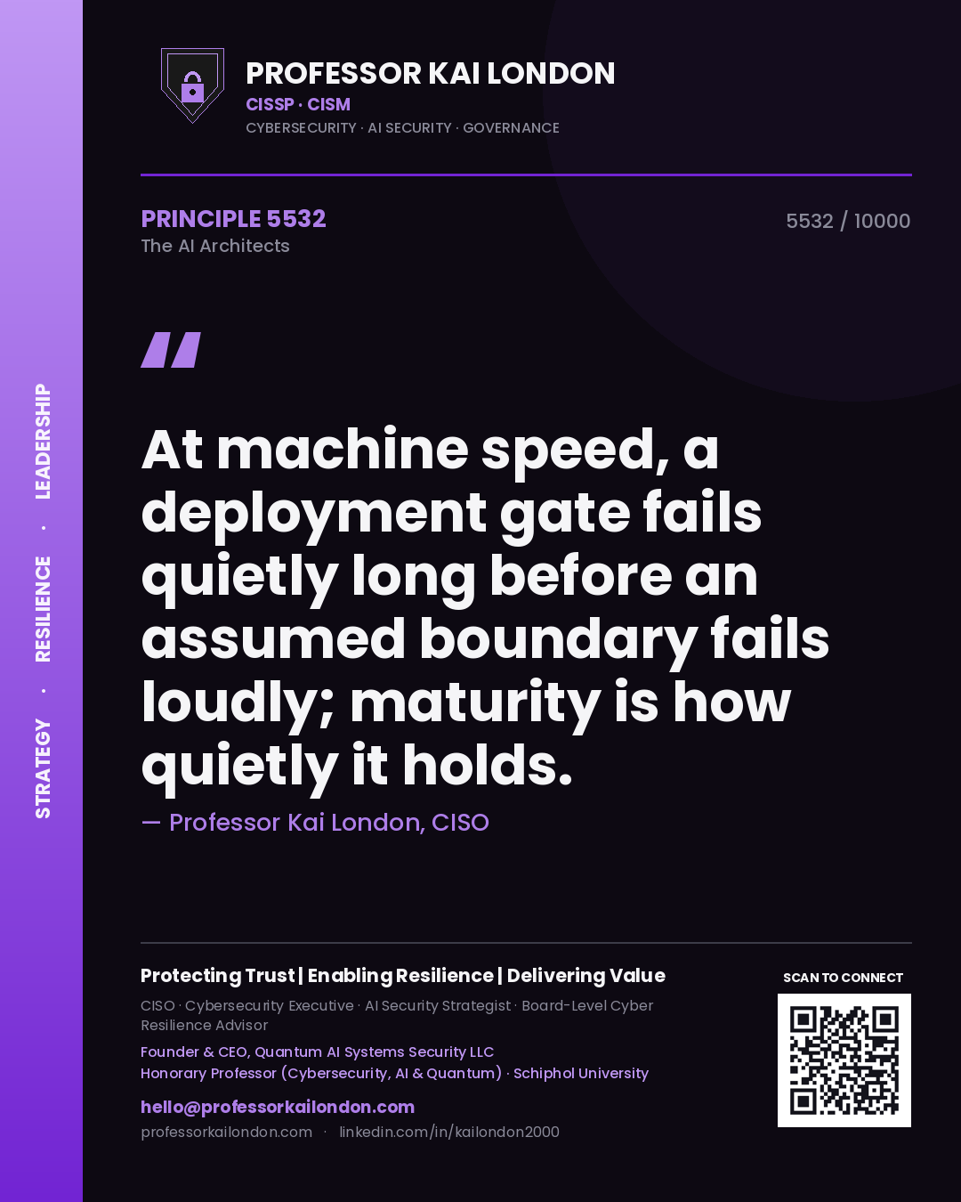 Quote card by Professor Kai London reading 'At machine speed, a deployment gate fails quietly long before an assumed boundary fails loudly; maturity is how quietly it holds.'. From the book The AI Architects.