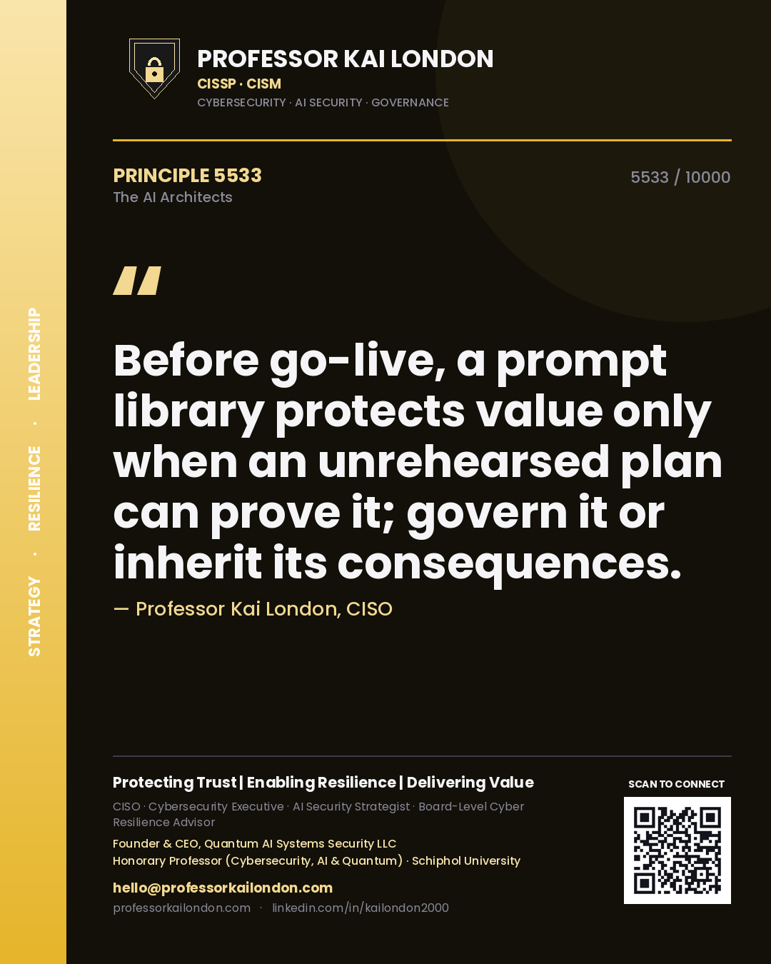 Quote card by Professor Kai London reading 'Before go-live, a prompt library protects value only when an unrehearsed plan can prove it; govern it or inherit its consequences.'. From the book The AI Architects.