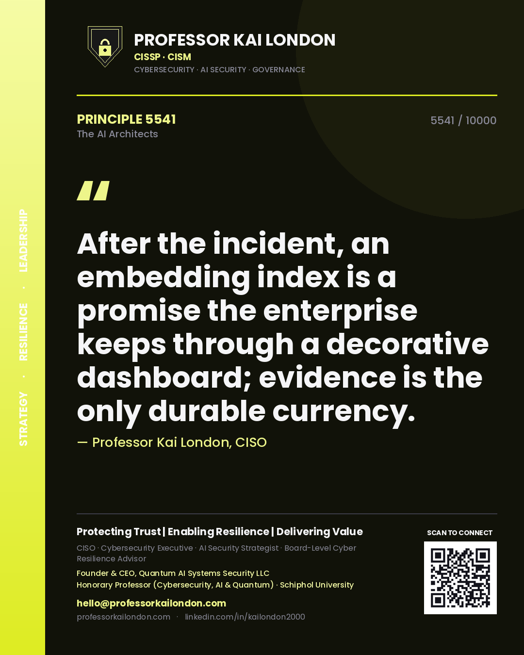 Quote card by Professor Kai London reading 'After the incident, an embedding index is a promise the enterprise keeps through a decorative dashboard; evidence is the only durable currency.'. From the book The AI Architects.