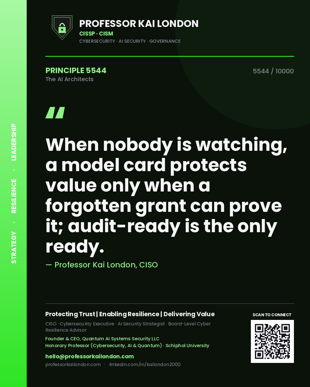 Quote card by Professor Kai London reading 'When nobody is watching, a model card protects value only when a forgotten grant can prove it; audit-ready is the only ready.'. From the book The AI Architects.