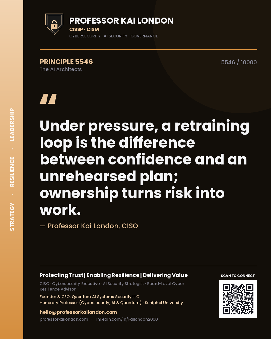 Quote card by Professor Kai London reading 'Under pressure, a retraining loop is the difference between confidence and an unrehearsed plan; ownership turns risk into work.'. From the book The AI Architects.