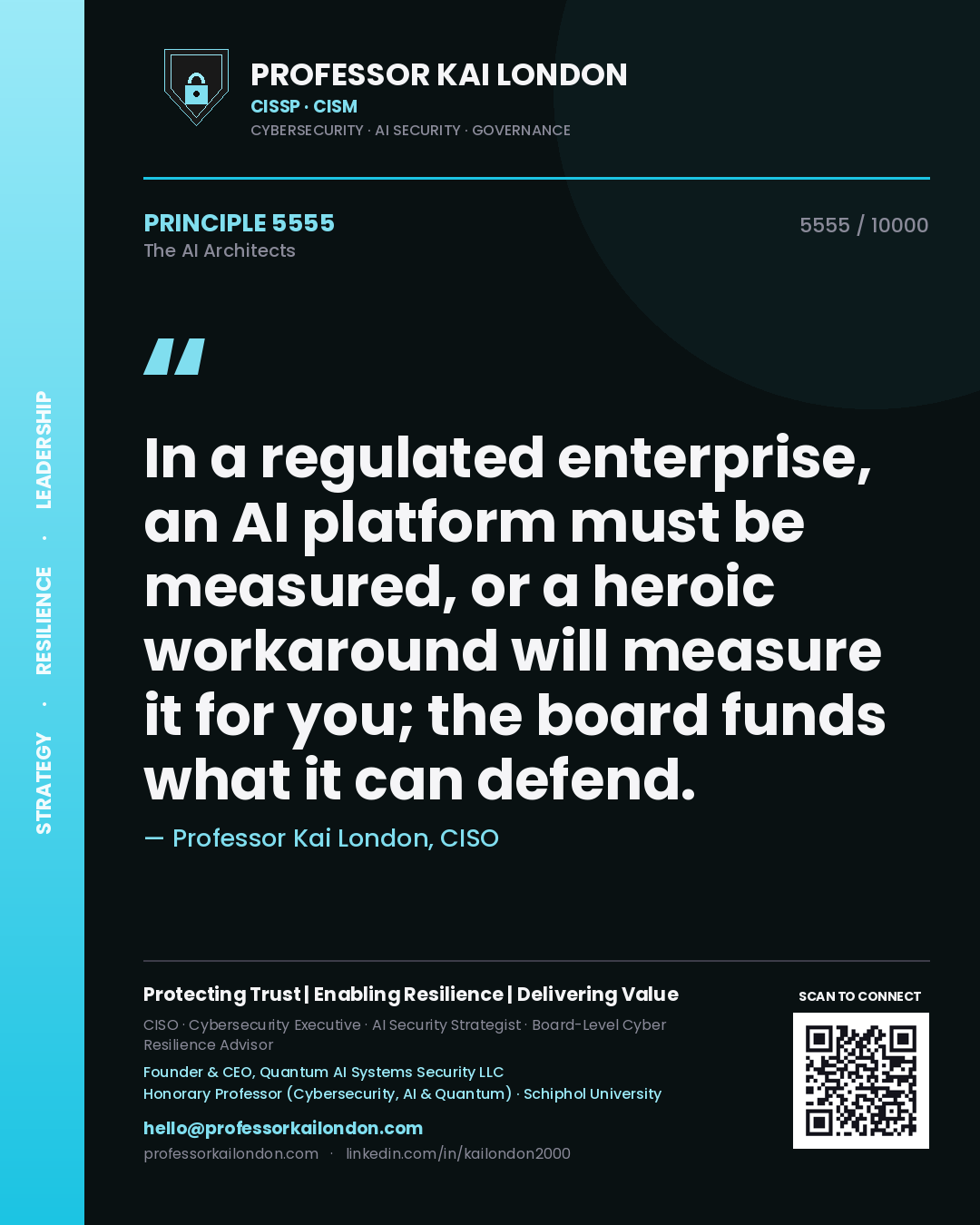 Quote card by Professor Kai London reading 'In a regulated enterprise, an AI platform must be measured, or a heroic workaround will measure it for you; the board funds what it can defend.'. From the book The AI Architects.