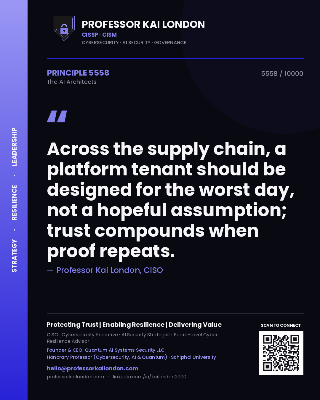 Professor Kai London principle 5558: Across the supply chain, a platform tenant should be designed for the worst day, not a hopeful assumption; trust compounds when proof repeats.