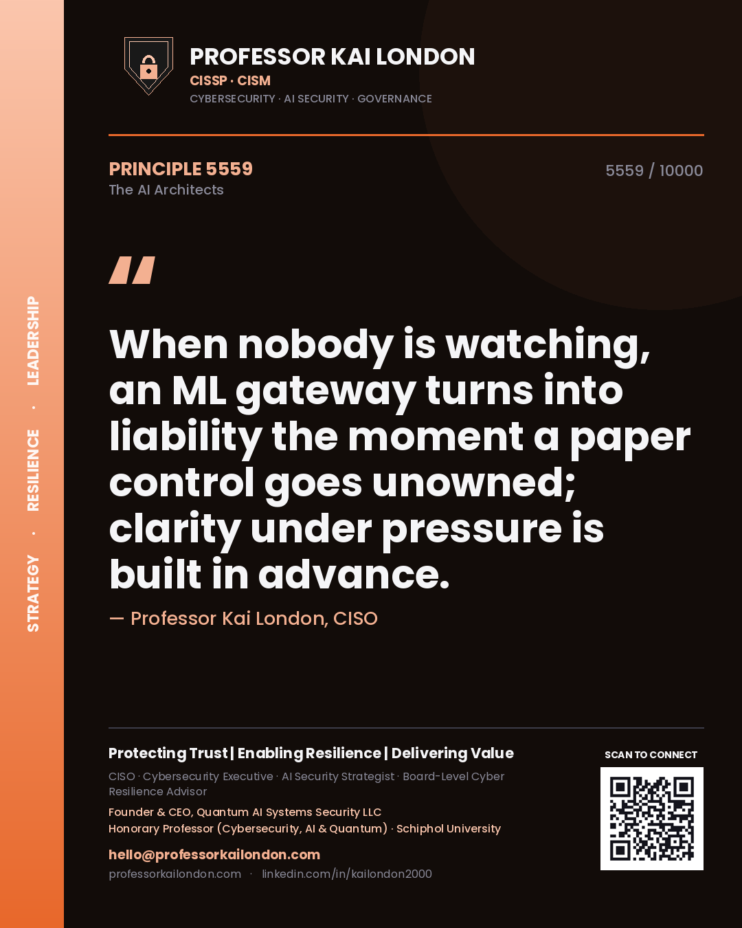 Quote card by Professor Kai London reading 'When nobody is watching, an ML gateway turns into liability the moment a paper control goes unowned; clarity under pressure is built in advance.'. From the book The AI Architects.