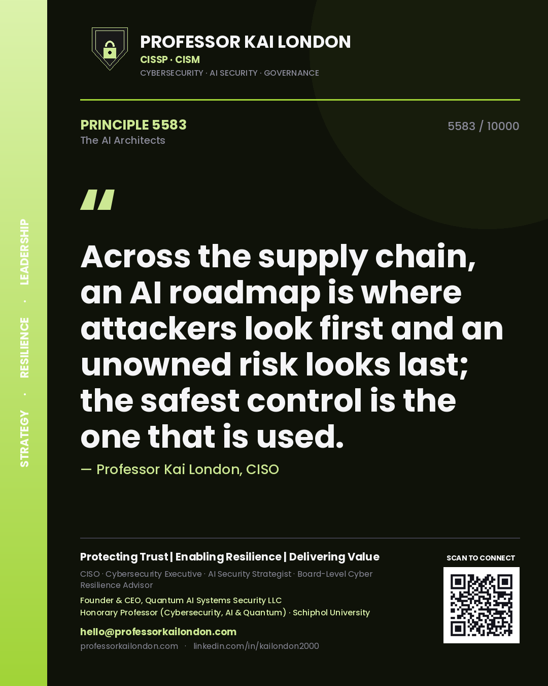 Quote card by Professor Kai London reading 'Across the supply chain, an AI roadmap is where attackers look first and an unowned risk looks last; the safest control is the one that is used.'. From the book The AI Architects.