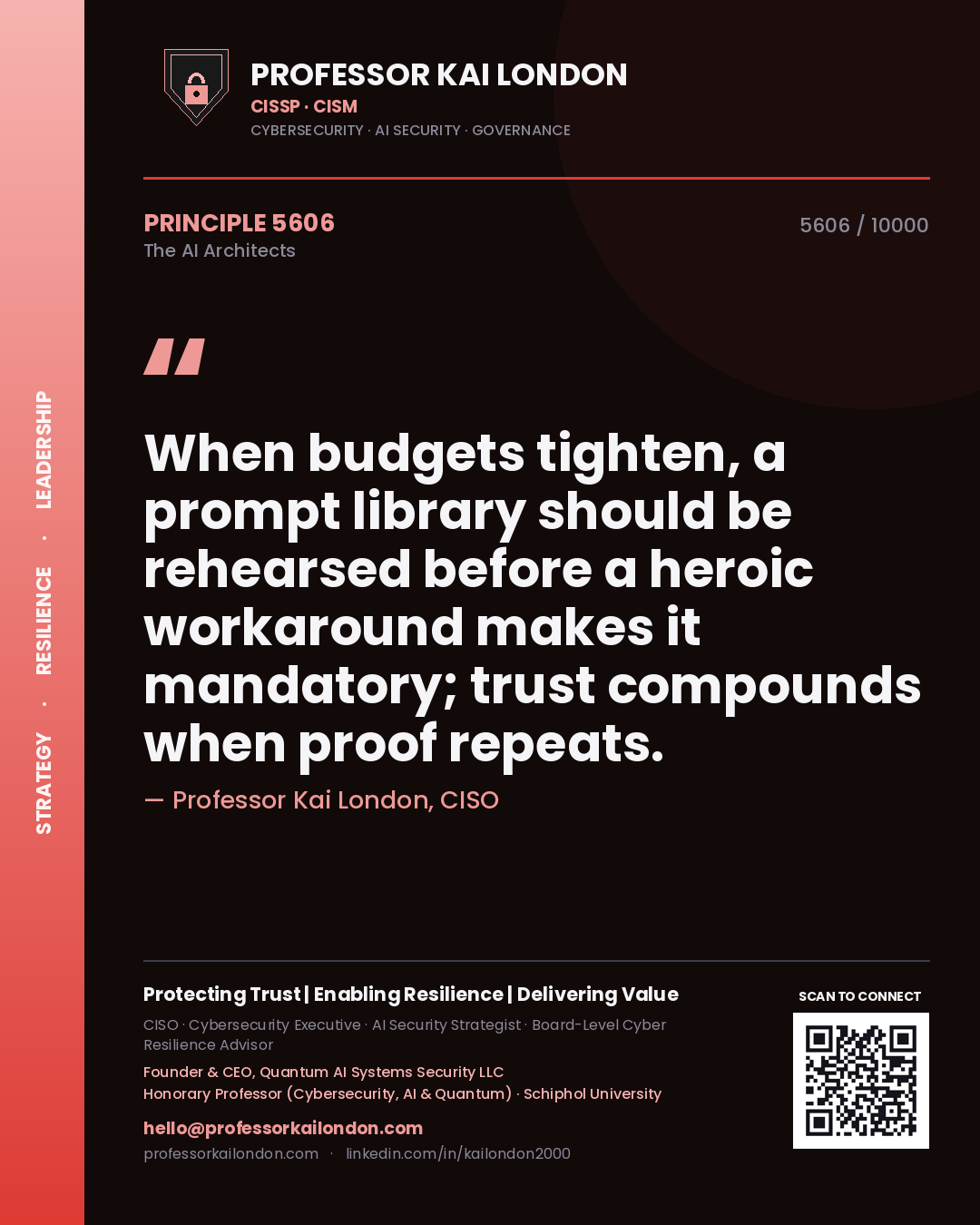 Quote card by Professor Kai London reading 'When budgets tighten, a prompt library should be rehearsed before a heroic workaround makes it mandatory; trust compounds when proof repeats.'. From the book The AI Architects.