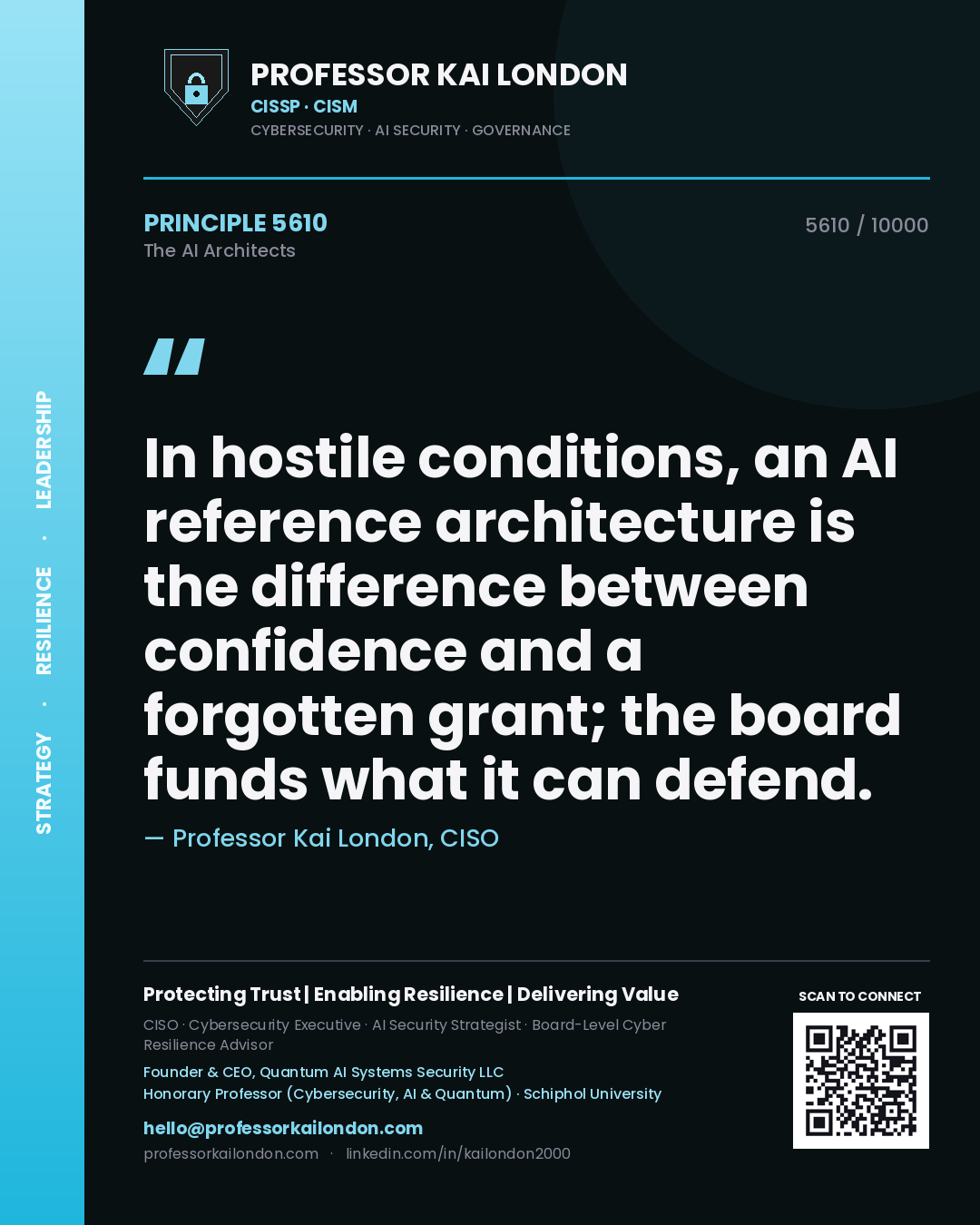 Quote card by Professor Kai London reading 'In hostile conditions, an AI reference architecture is the difference between confidence and a forgotten grant; the board funds what it can defend.'. From the book The AI Architects.