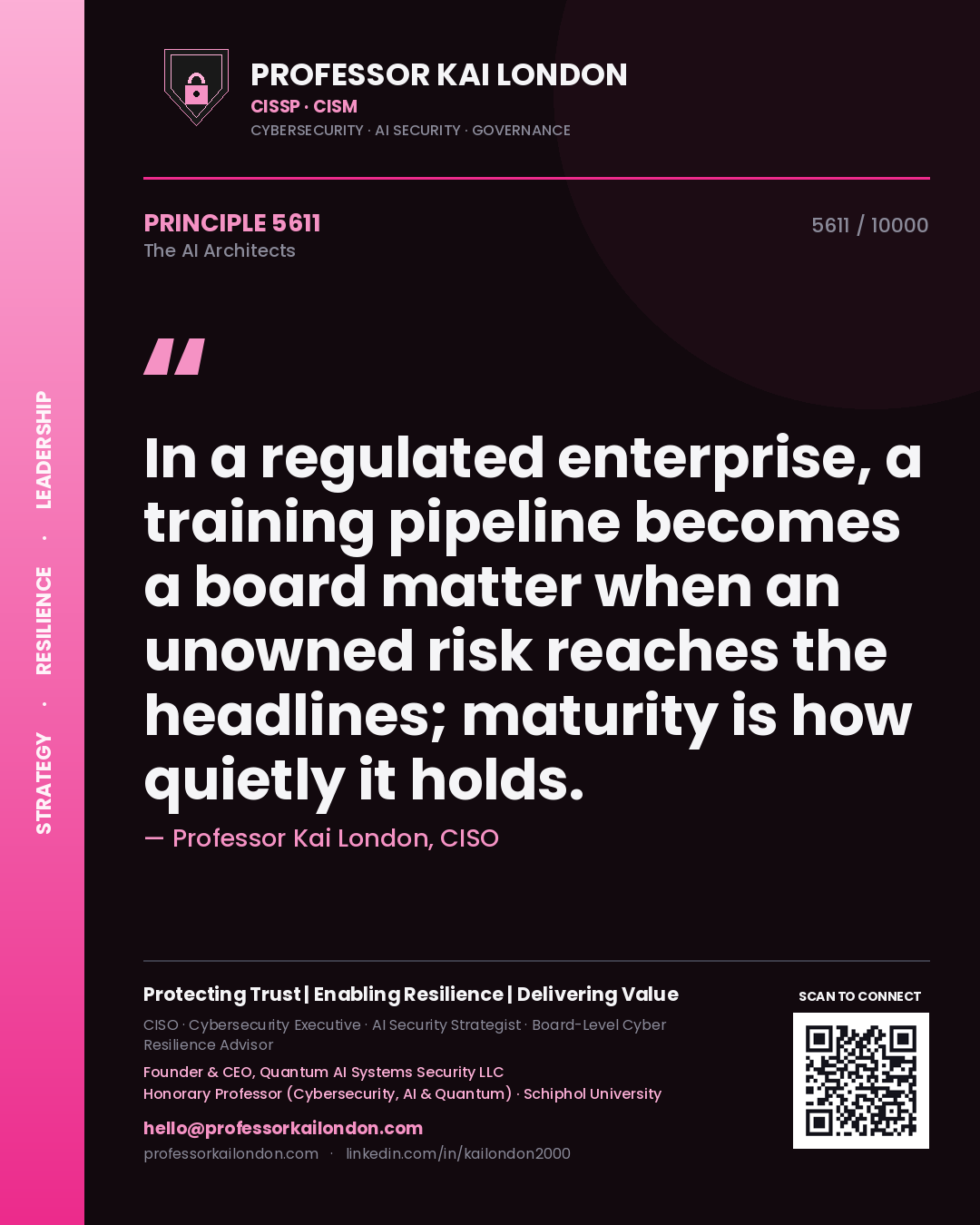Quote card by Professor Kai London reading 'In a regulated enterprise, a training pipeline becomes a board matter when an unowned risk reaches the headlines; maturity is how quietly it holds.'. From the book The AI Architects.