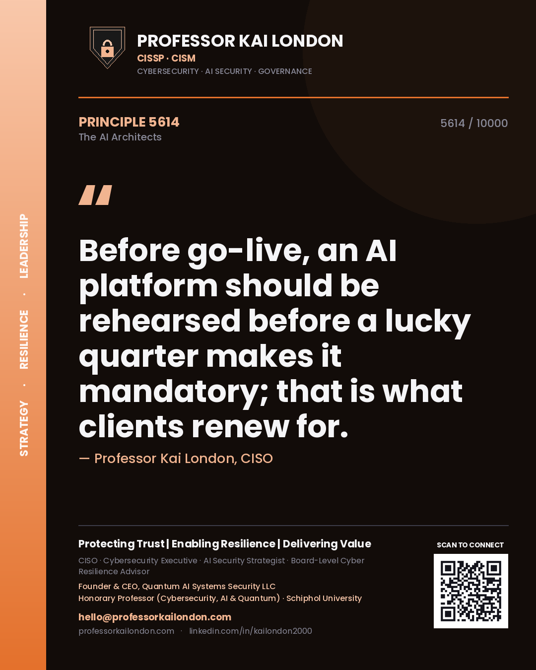 Quote card by Professor Kai London reading 'Before go-live, an AI platform should be rehearsed before a lucky quarter makes it mandatory; that is what clients renew for.'. From the book The AI Architects.