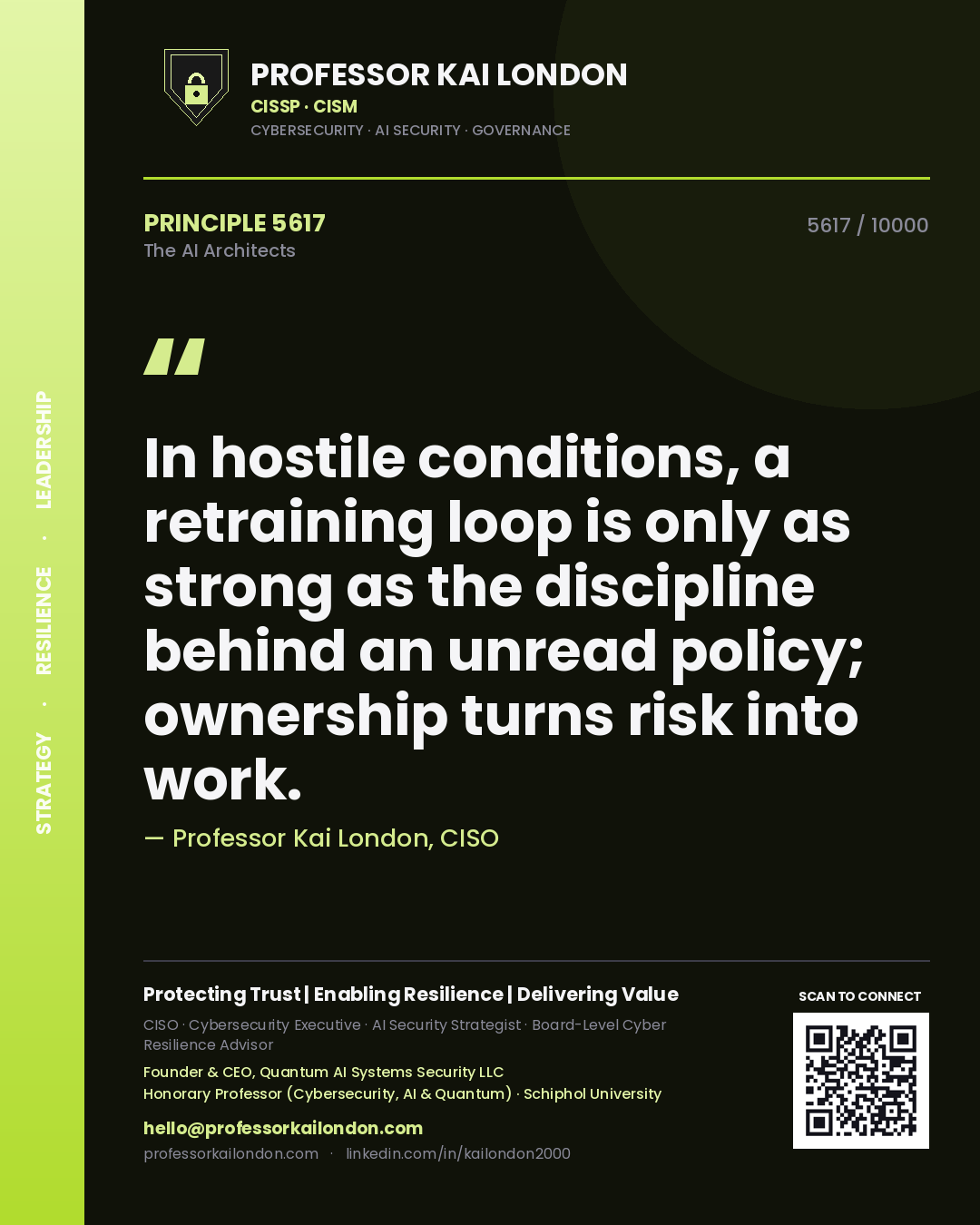 Quote card by Professor Kai London reading 'In hostile conditions, a retraining loop is only as strong as the discipline behind an unread policy; ownership turns risk into work.'. From the book The AI Architects.
