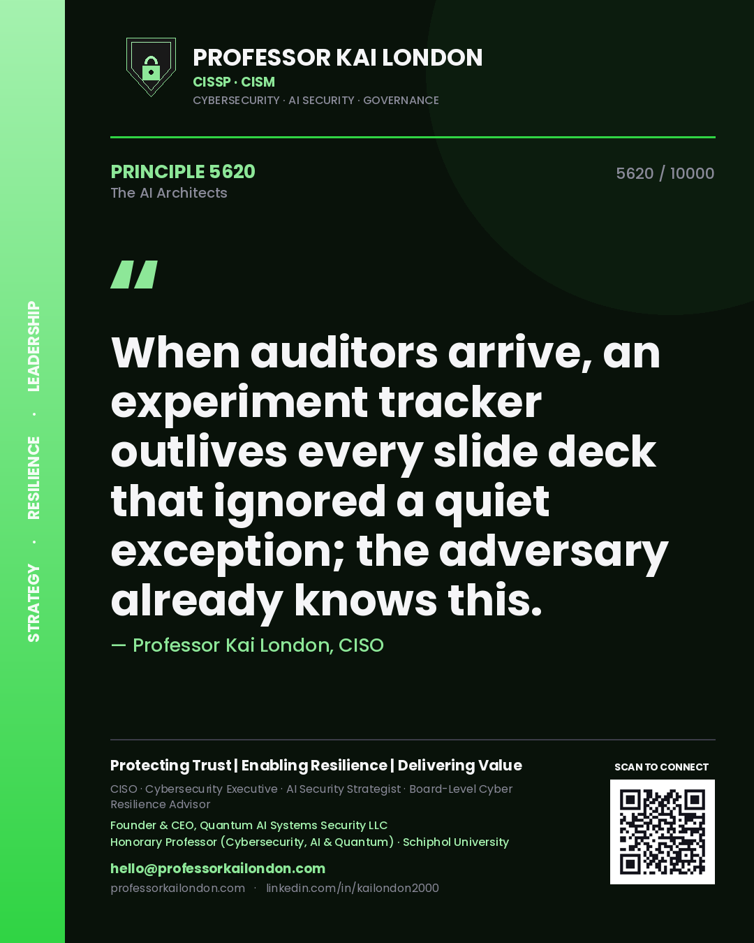Quote card by Professor Kai London reading 'When auditors arrive, an experiment tracker outlives every slide deck that ignored a quiet exception; the adversary already knows this.'. From the book The AI Architects.