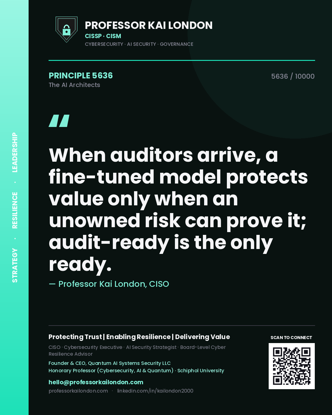 Quote card by Professor Kai London reading 'When auditors arrive, a fine-tuned model protects value only when an unowned risk can prove it; audit-ready is the only ready.'. From the book The AI Architects.