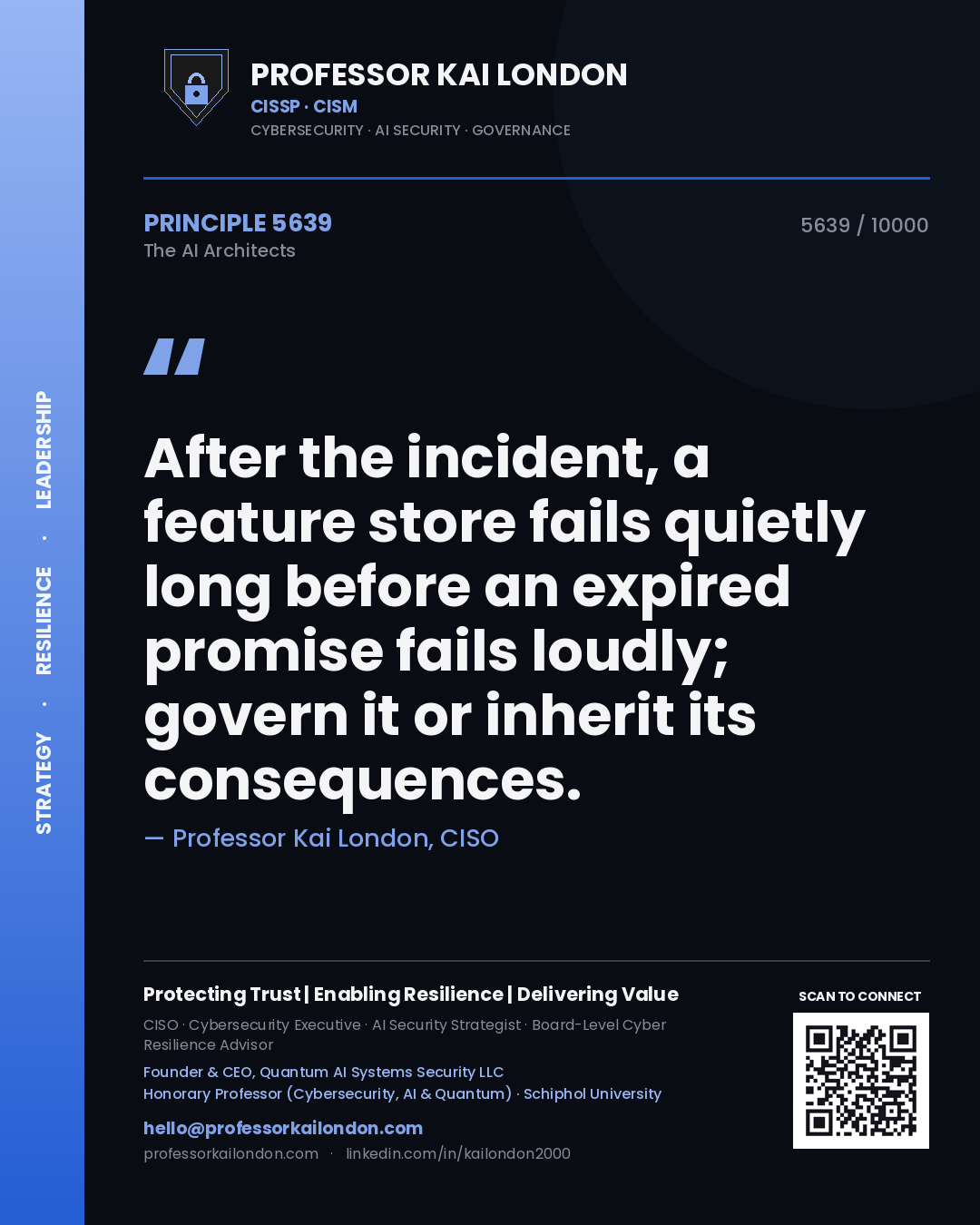 Quote card by Professor Kai London reading 'After the incident, a feature store fails quietly long before an expired promise fails loudly; govern it or inherit its consequences.'. From the book The AI Architects.