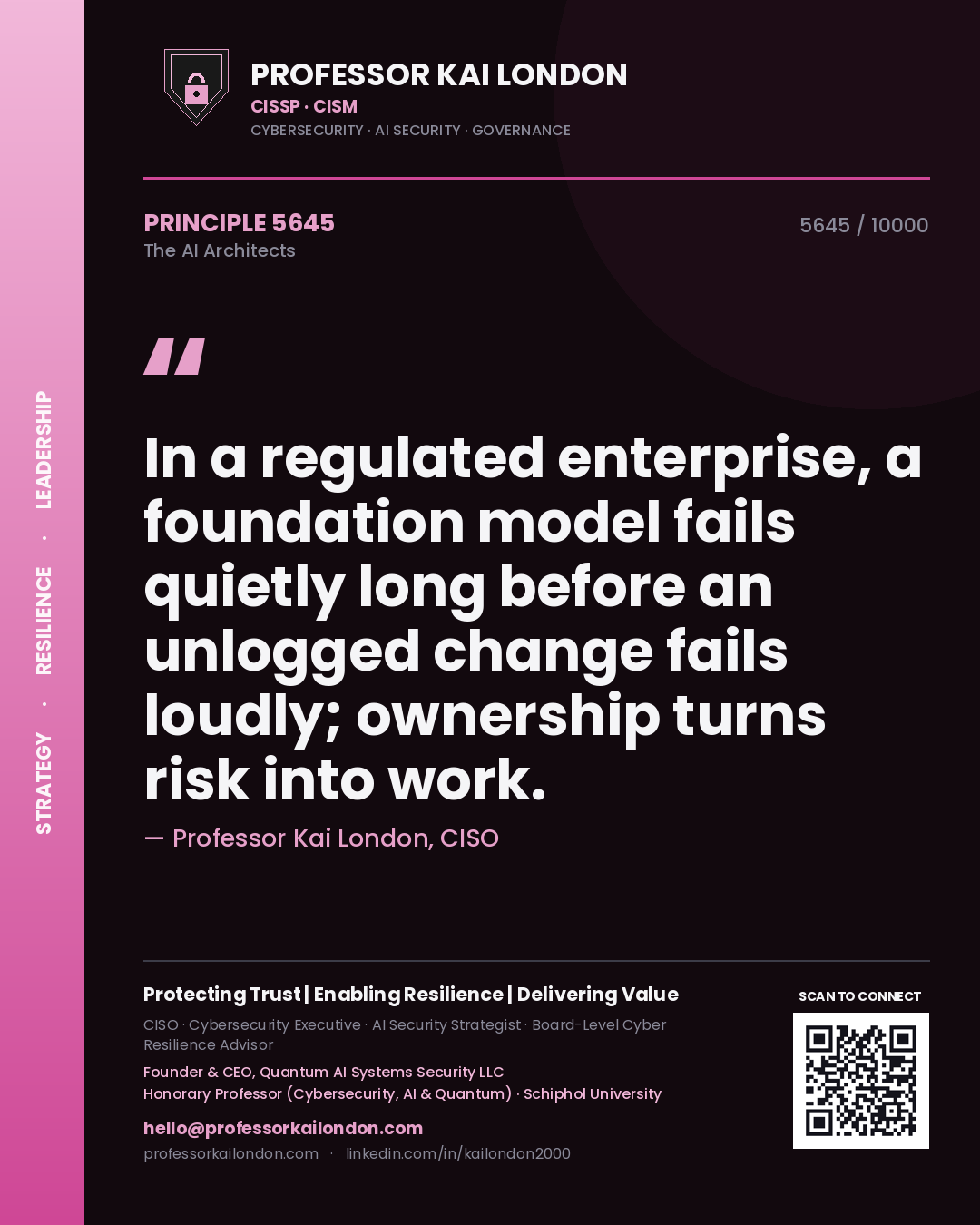 Quote card by Professor Kai London reading 'In a regulated enterprise, a foundation model fails quietly long before an unlogged change fails loudly; ownership turns risk into work.'. From the book The AI Architects.