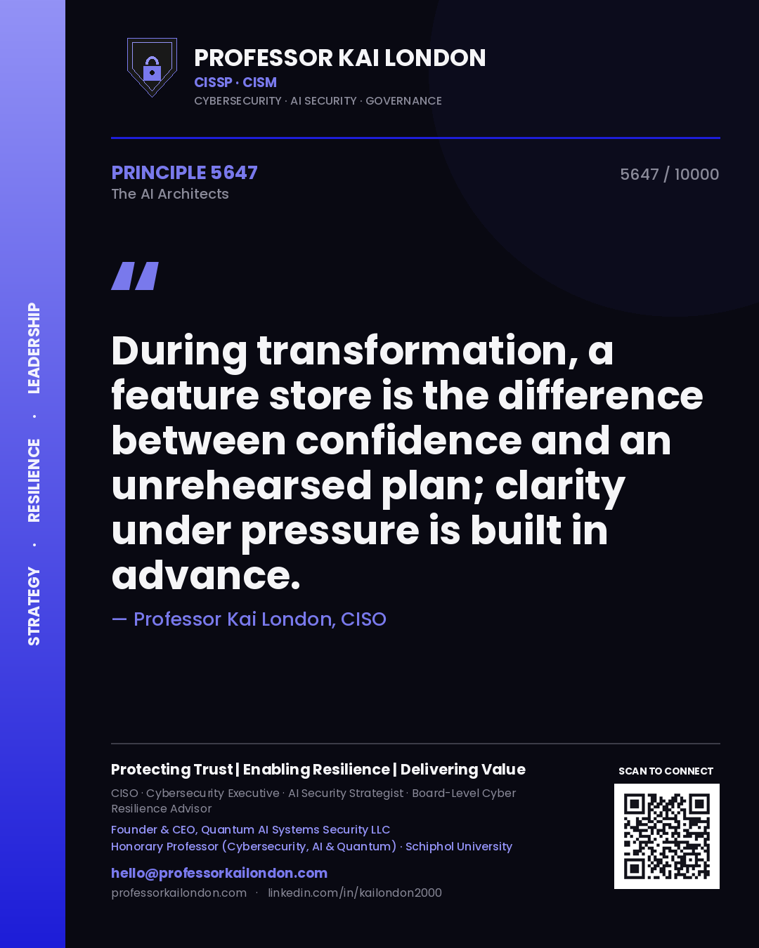 Quote card by Professor Kai London reading 'During transformation, a feature store is the difference between confidence and an unrehearsed plan; clarity under pressure is built in advance.'. From the book The AI Architects.
