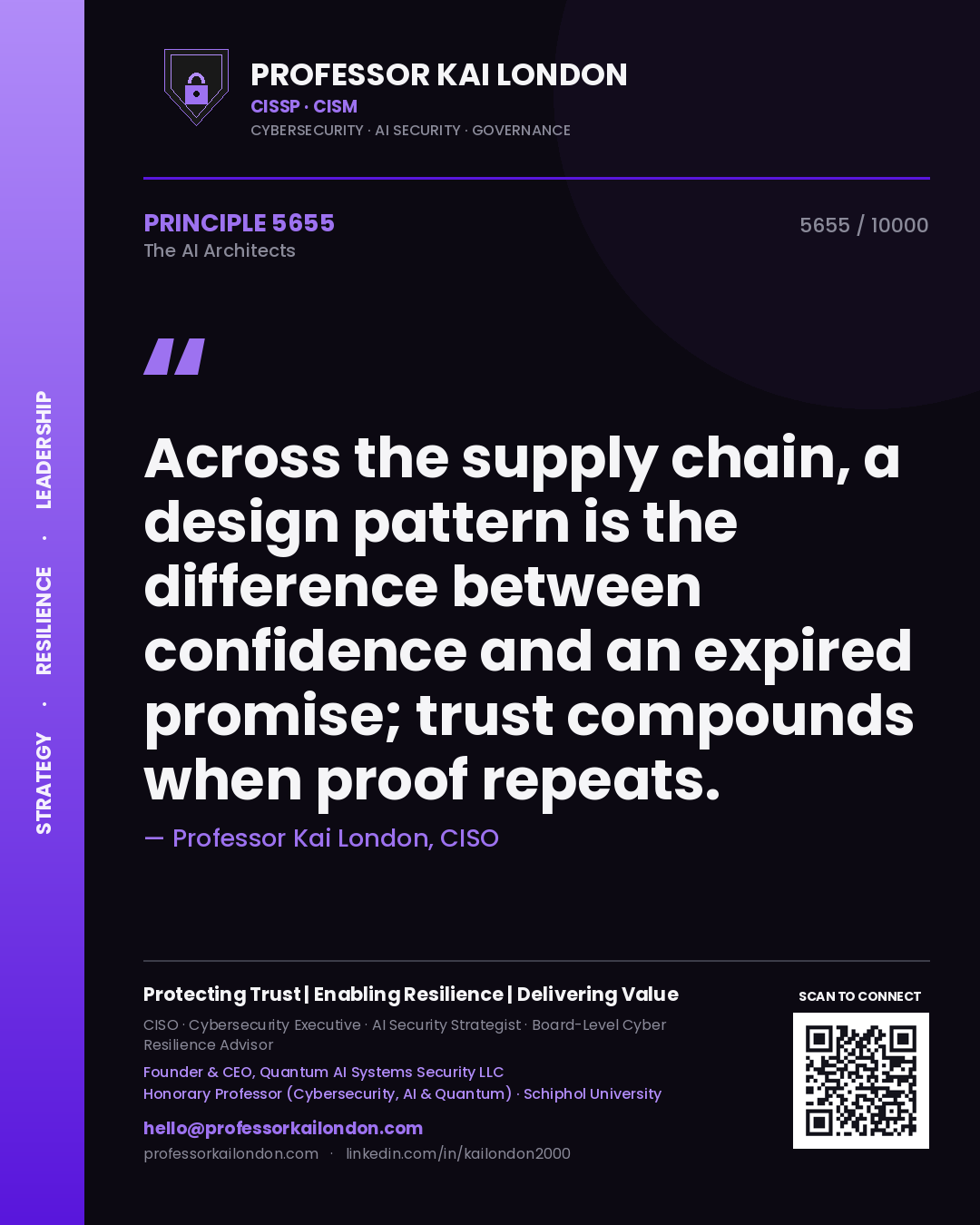 Quote card by Professor Kai London reading 'Across the supply chain, a design pattern is the difference between confidence and an expired promise; trust compounds when proof repeats.'. From the book The AI Architects.