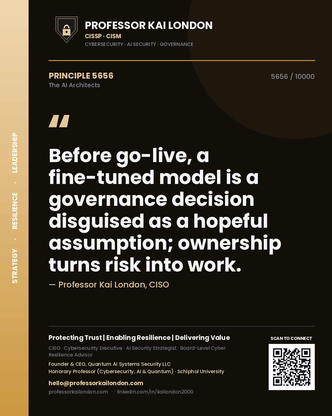 Quote card by Professor Kai London reading 'Before go-live, a fine-tuned model is a governance decision disguised as a hopeful assumption; ownership turns risk into work.'. From the book The AI Architects.