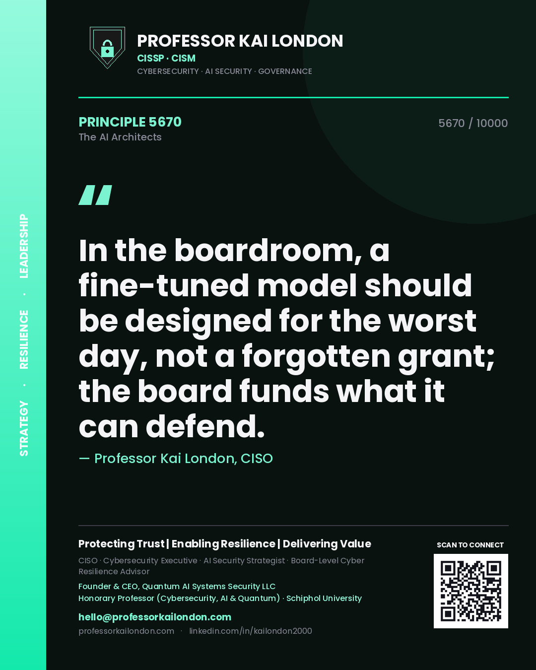 Quote card by Professor Kai London reading 'In the boardroom, a fine-tuned model should be designed for the worst day, not a forgotten grant; the board funds what it can defend.'. From the book The AI Architects.