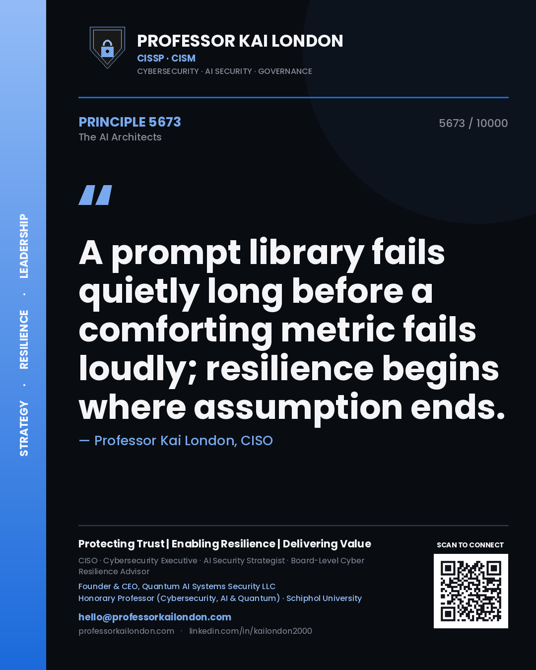 Quote card by Professor Kai London reading 'A prompt library fails quietly long before a comforting metric fails loudly; resilience begins where assumption ends.'. From the book The AI Architects.