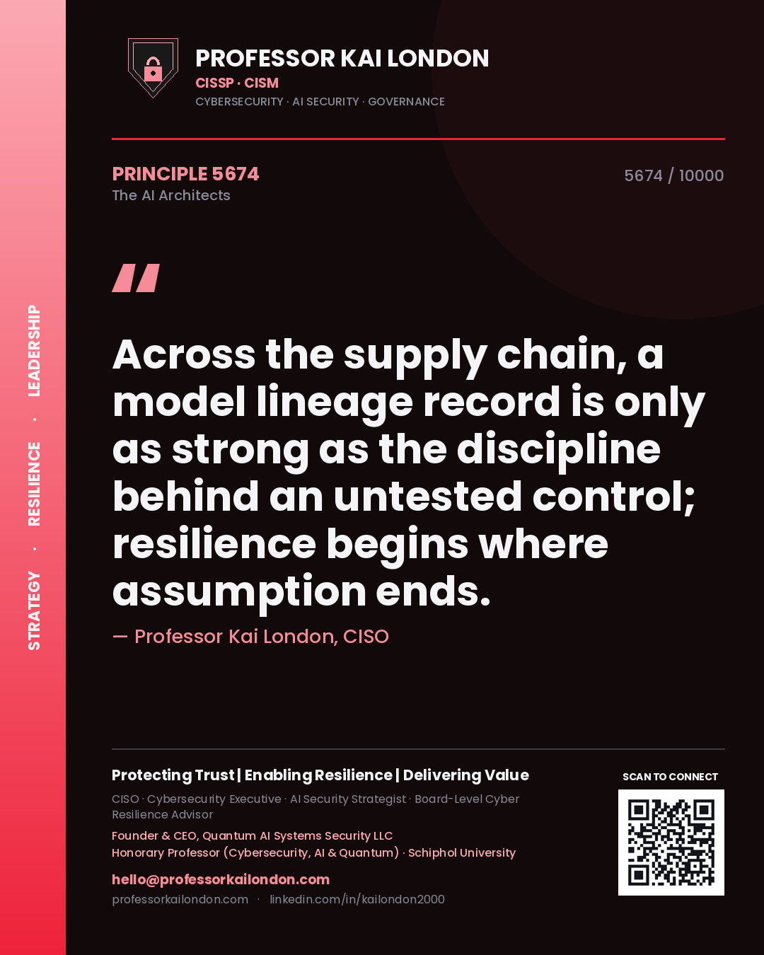 Quote card by Professor Kai London reading 'Across the supply chain, a model lineage record is only as strong as the discipline behind an untested control; resilience begins where assumption ends.'. From the book The AI Architects.
