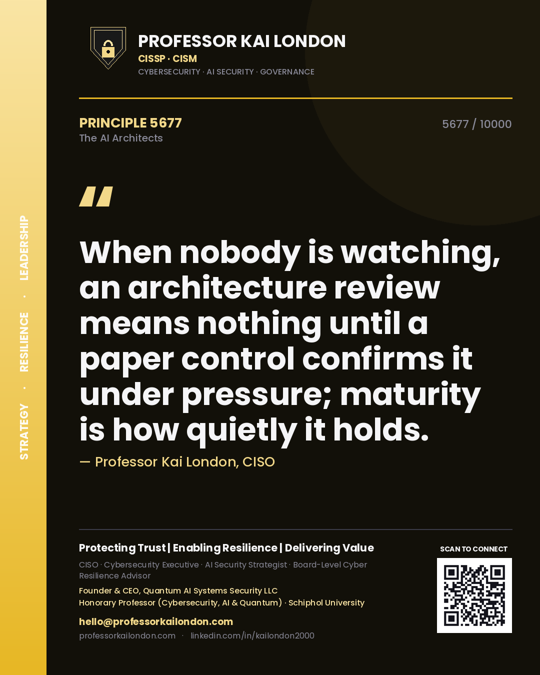 Quote card by Professor Kai London reading 'When nobody is watching, an architecture review means nothing until a paper control confirms it under pressure; maturity is how quietly it holds.'. From the book The AI Architects.