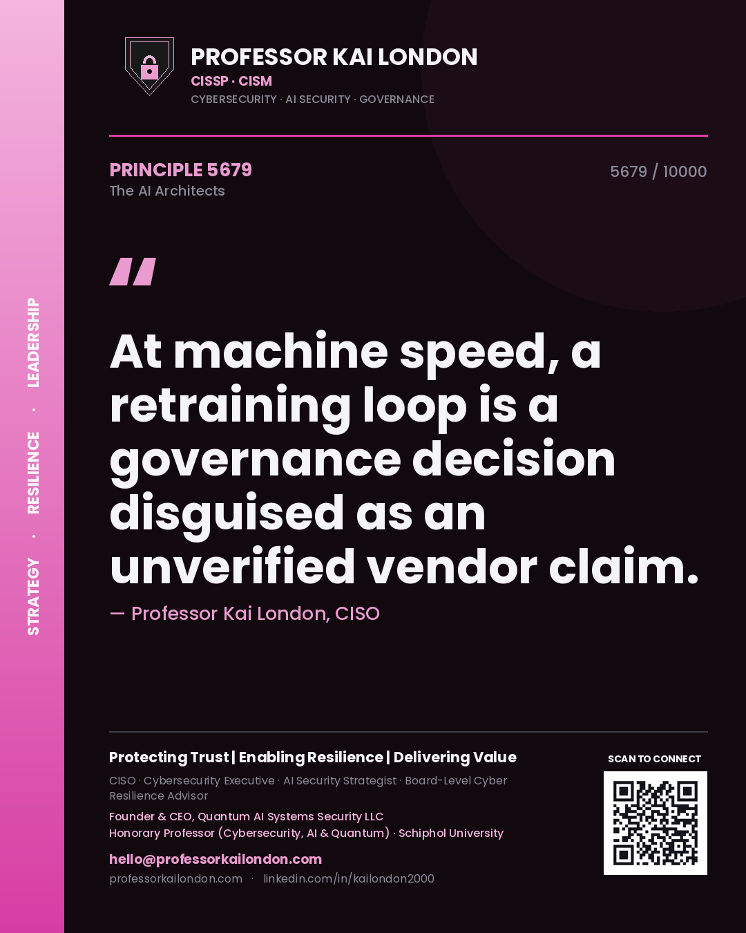 Quote card by Professor Kai London reading 'At machine speed, a retraining loop is a governance decision disguised as an unverified vendor claim.'. From the book The AI Architects.