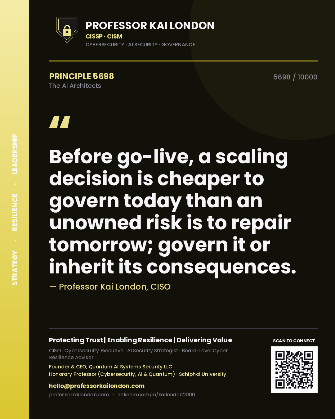 Quote card by Professor Kai London reading 'Before go-live, a scaling decision is cheaper to govern today than an unowned risk is to repair tomorrow; govern it or inherit its consequences.'. From the book The AI Architects.
