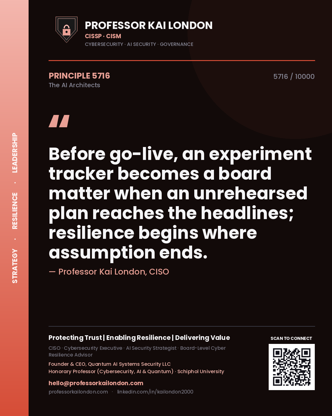Quote card by Professor Kai London reading 'Before go-live, an experiment tracker becomes a board matter when an unrehearsed plan reaches the headlines; resilience begins where assumption ends.'. From the book The AI Architects.
