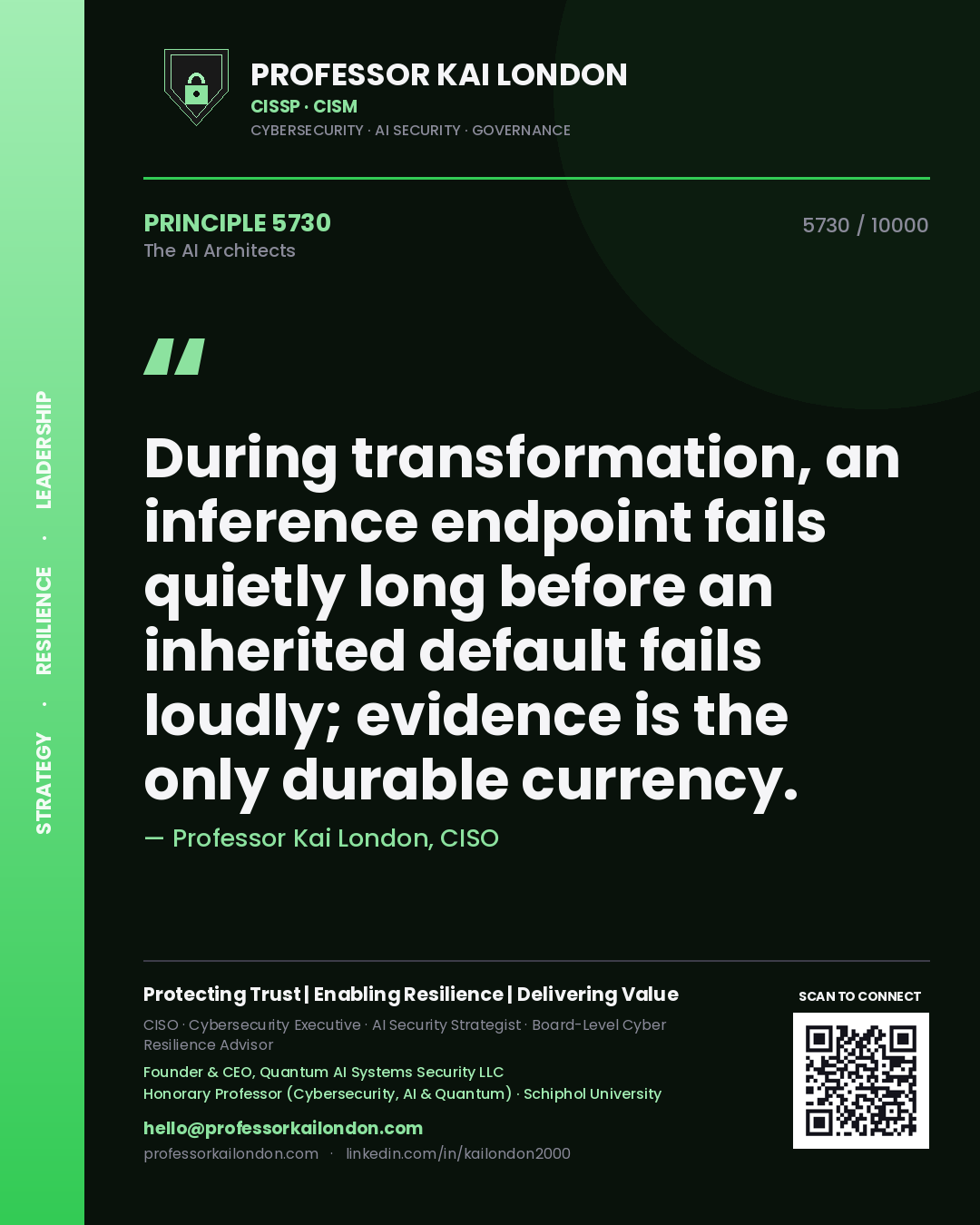 Quote card by Professor Kai London reading 'During transformation, an inference endpoint fails quietly long before an inherited default fails loudly; evidence is the only durable currency.'. From the book The AI Architects.