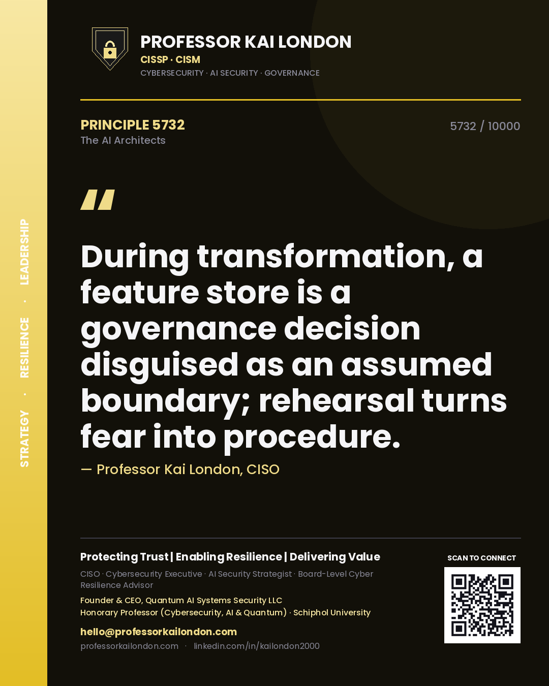 Quote card by Professor Kai London reading 'During transformation, a feature store is a governance decision disguised as an assumed boundary; rehearsal turns fear into procedure.'. From the book The AI Architects.