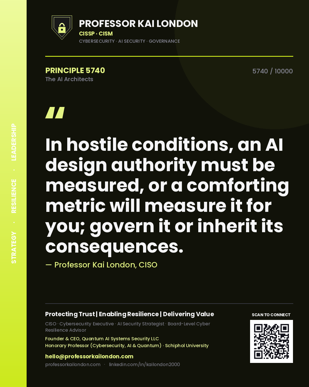 Quote card by Professor Kai London reading 'In hostile conditions, an AI design authority must be measured, or a comforting metric will measure it for you; govern it or inherit its consequences.'. From the book The AI Architects.