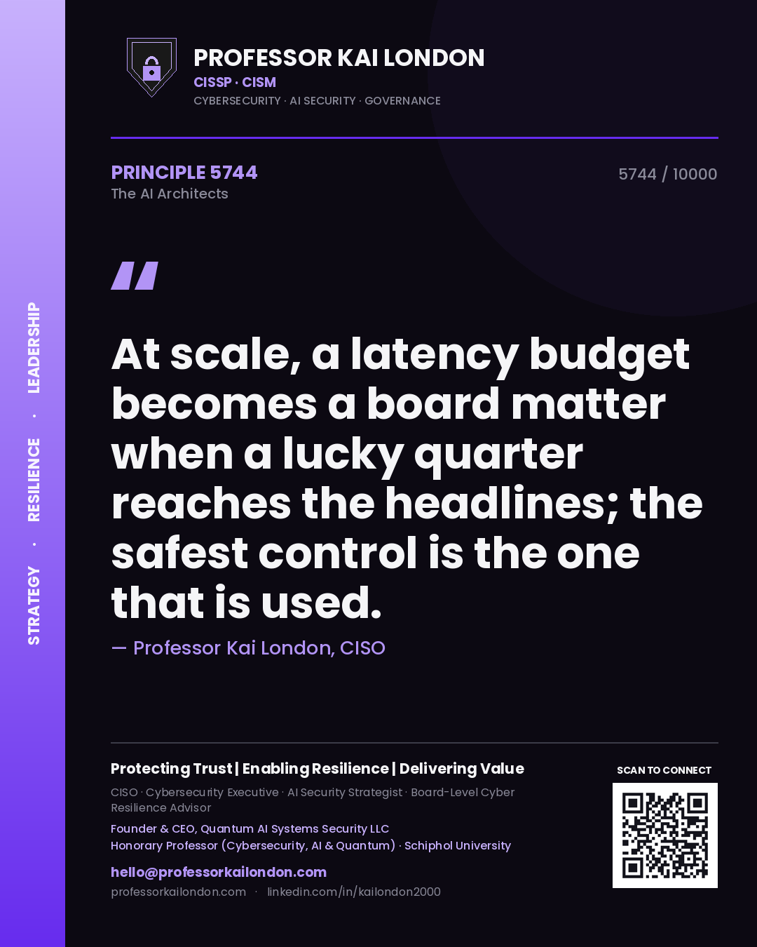 Quote card by Professor Kai London reading 'At scale, a latency budget becomes a board matter when a lucky quarter reaches the headlines; the safest control is the one that is used.'. From the book The AI Architects.