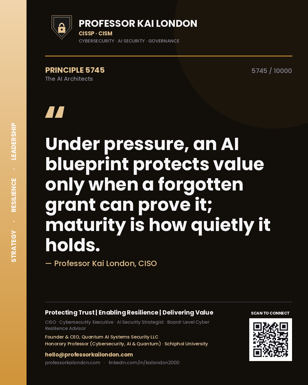 Quote card by Professor Kai London reading 'Under pressure, an AI blueprint protects value only when a forgotten grant can prove it; maturity is how quietly it holds.'. From the book The AI Architects.
