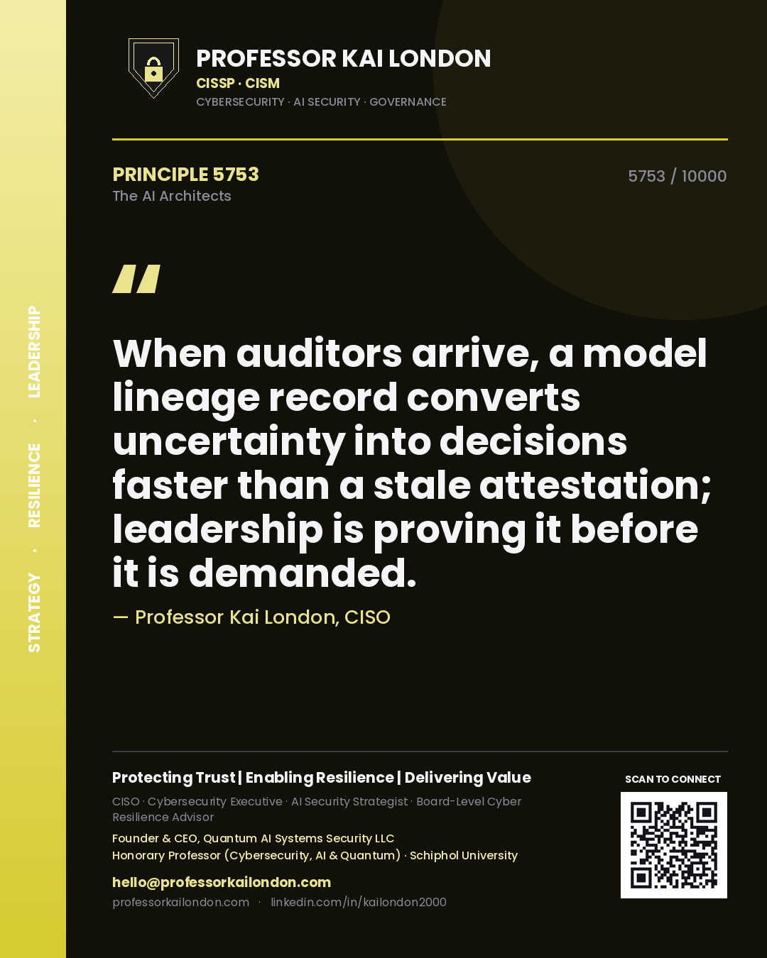 Quote card by Professor Kai London reading 'When auditors arrive, a model lineage record converts uncertainty into decisions faster than a stale attestation; leadership is proving it before it is demanded.'. From the book The AI Architects.