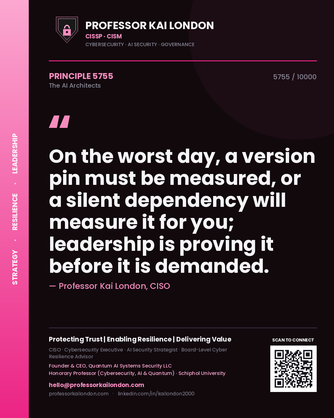 Quote card by Professor Kai London reading 'On the worst day, a version pin must be measured, or a silent dependency will measure it for you; leadership is proving it before it is demanded.'. From the book The AI Architects.