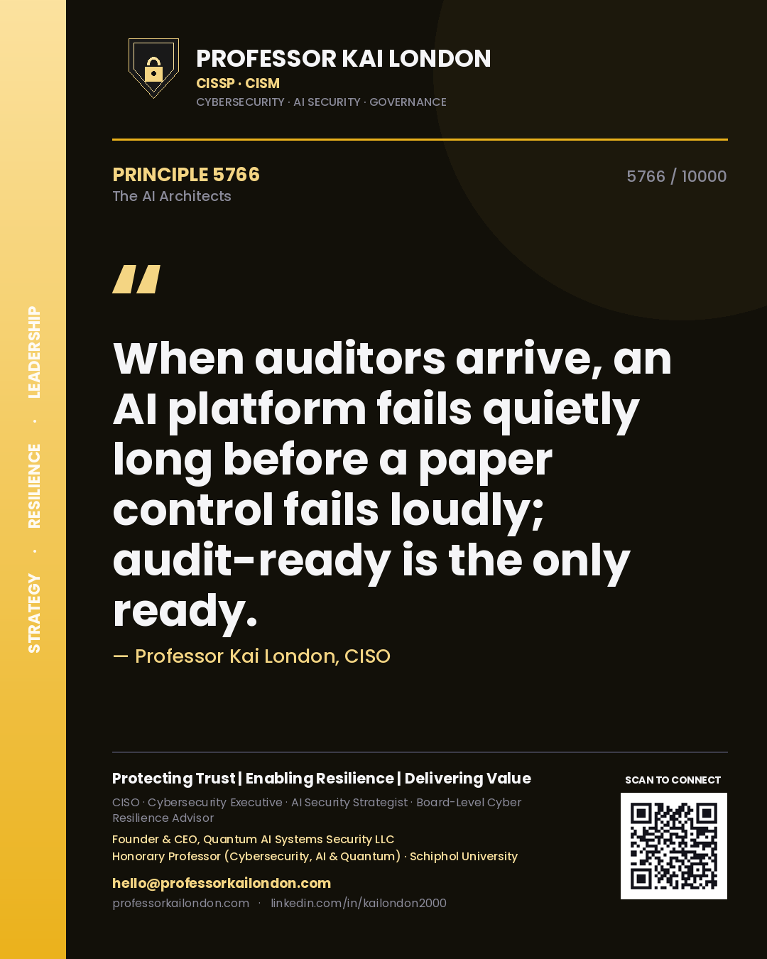 Quote card by Professor Kai London reading 'When auditors arrive, an AI platform fails quietly long before a paper control fails loudly; audit-ready is the only ready.'. From the book The AI Architects.