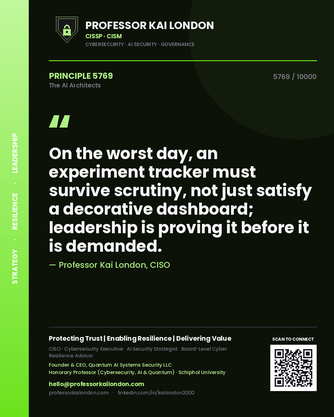 Quote card by Professor Kai London reading 'On the worst day, an experiment tracker must survive scrutiny, not just satisfy a decorative dashboard; leadership is proving it before it is demanded.'. From the book The AI Architects.