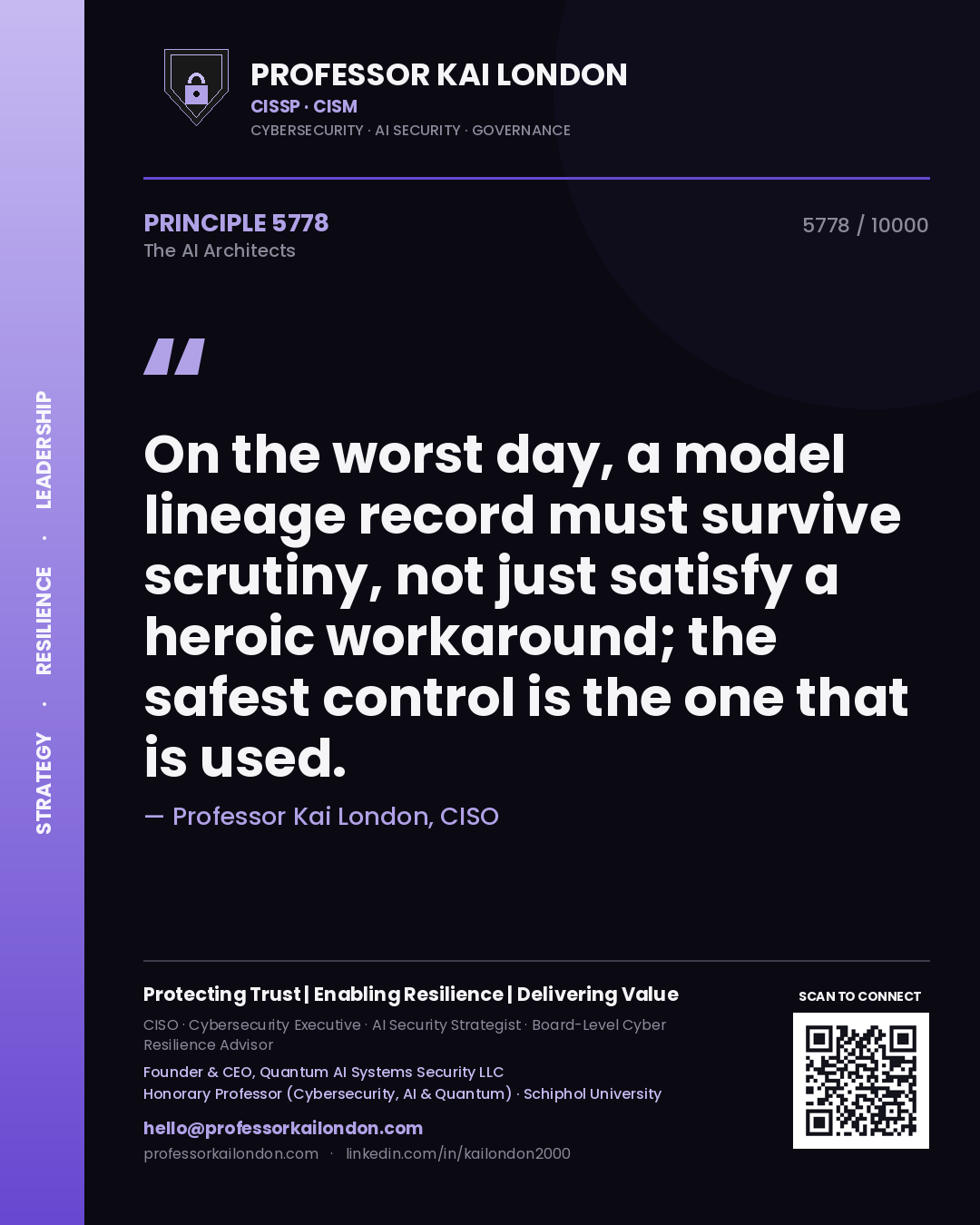 Quote card by Professor Kai London reading 'On the worst day, a model lineage record must survive scrutiny, not just satisfy a heroic workaround; the safest control is the one that is used.'. From the book The AI Architects.