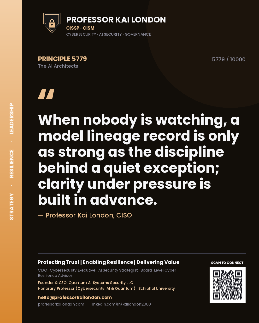 Quote card by Professor Kai London reading 'When nobody is watching, a model lineage record is only as strong as the discipline behind a quiet exception; clarity under pressure is built in advance.'. From the book The AI Architects.